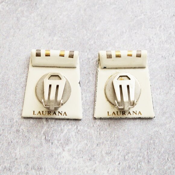 1980s Laurana Italian Enamel Earrings – White & Gold Geometric Clip-Ons, 1.1" - Picture 2 of 3